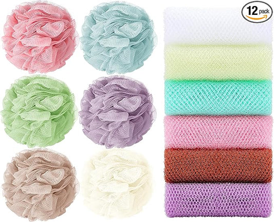 12 Pack Body Wash Cloths for Showering Set 6 Loofah Sponge 6 African Net Sponge Exfoliating Back Scrubber for Men & Women Shower (Khaki, Pink, Purple, Light Green, Sky Blue, Beige)
